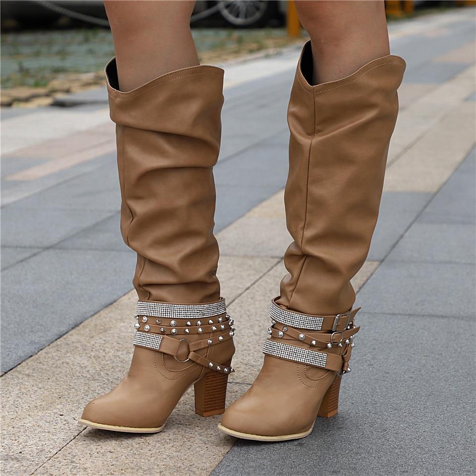 Women's Knee-High Slouchy Boots - Block Heel - Casual Footwear