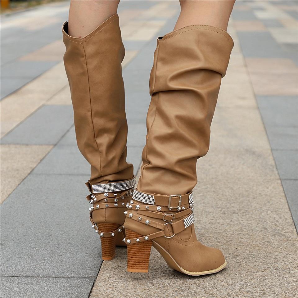 Women's Knee-High Slouchy Boots - Block Heel - Casual Footwear