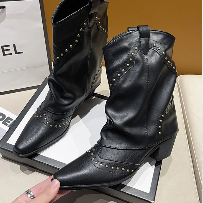 Women's Western Boots Mid-Height Studded Detail Casual Footwear