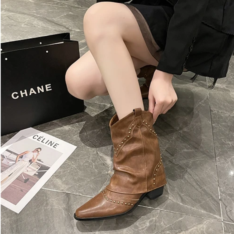Women's Western Boots Mid-Height Studded Detail Casual Footwear