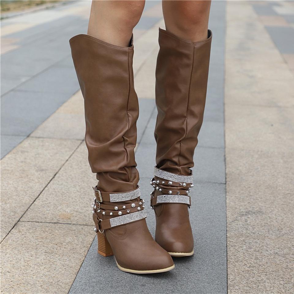 Women's Knee-High Slouchy Boots - Block Heel - Casual Footwear