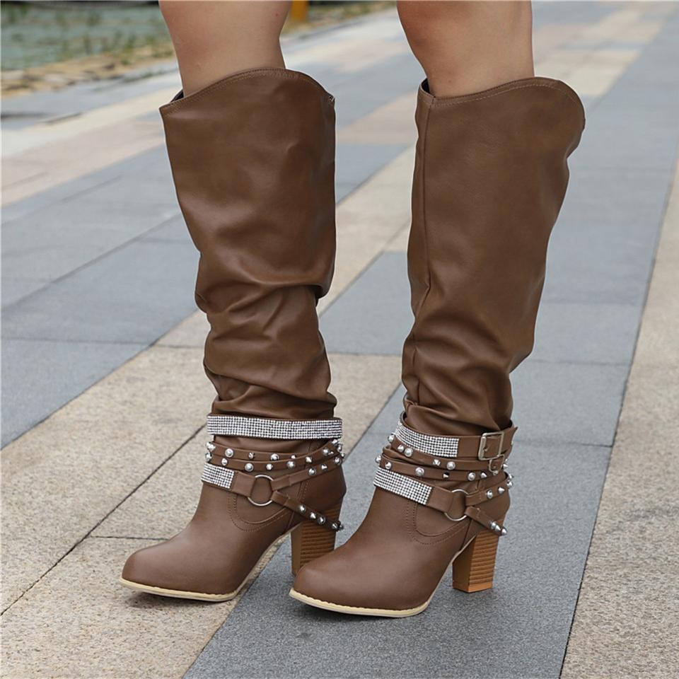 Women's Knee-High Slouchy Boots - Block Heel - Casual Footwear