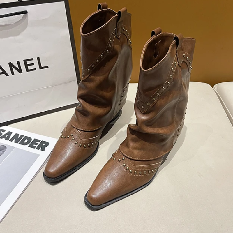 Women's Western Boots Mid-Height Studded Detail Casual Footwear
