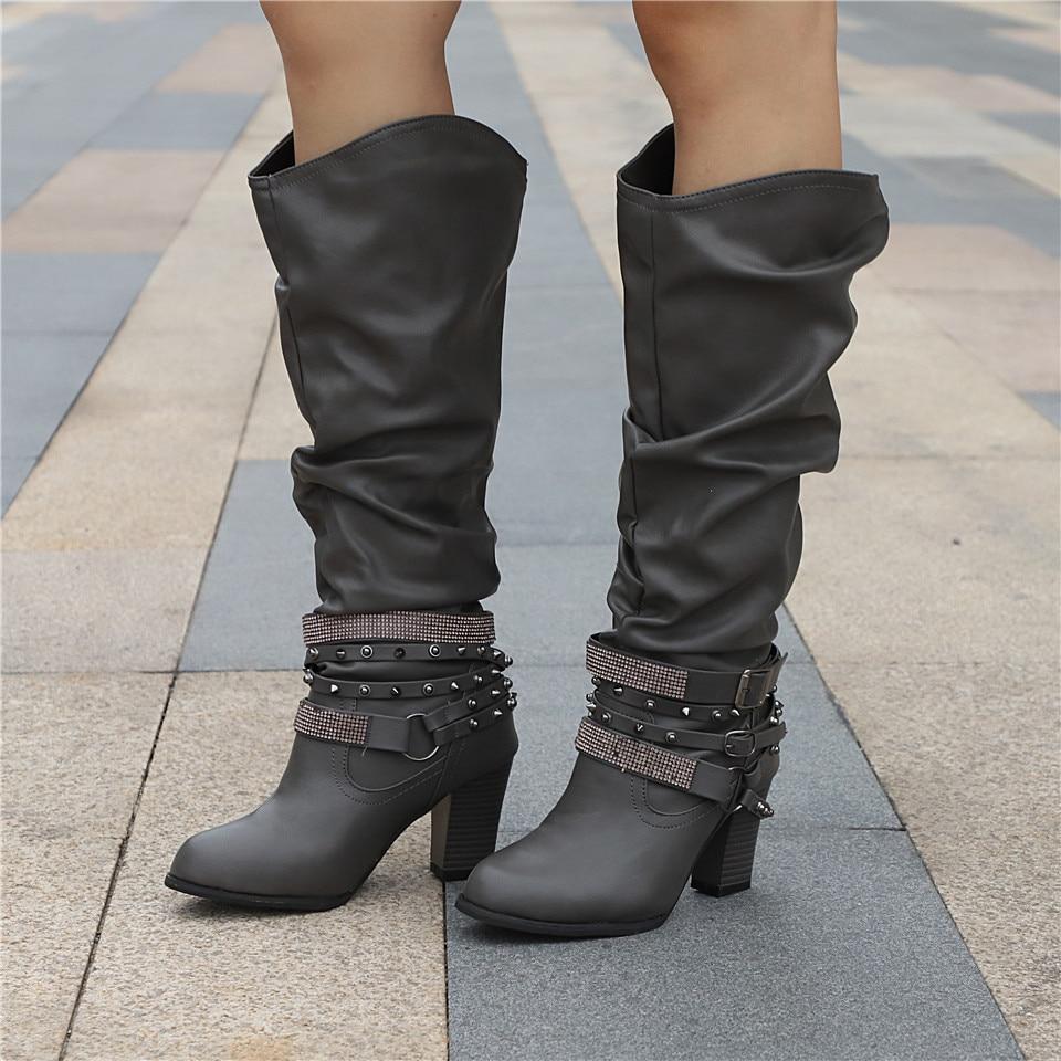 Women's Knee-High Slouchy Boots - Block Heel - Casual Footwear