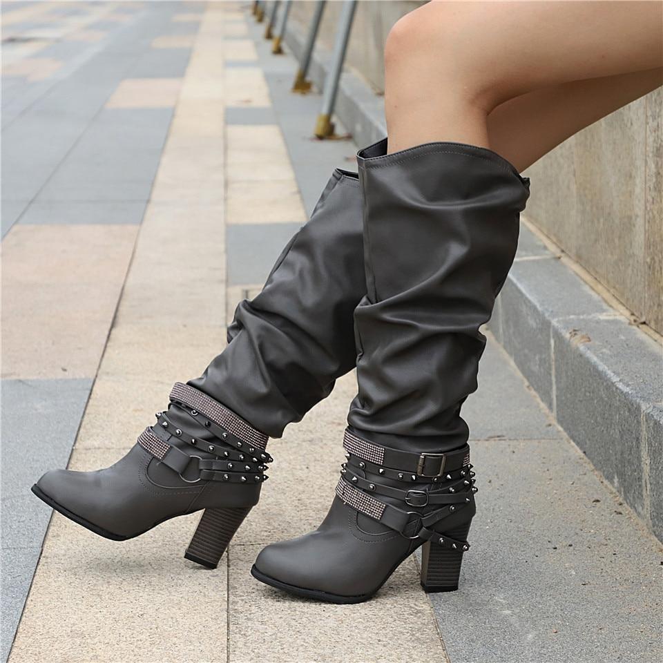 Women's Knee-High Slouchy Boots - Block Heel - Casual Footwear