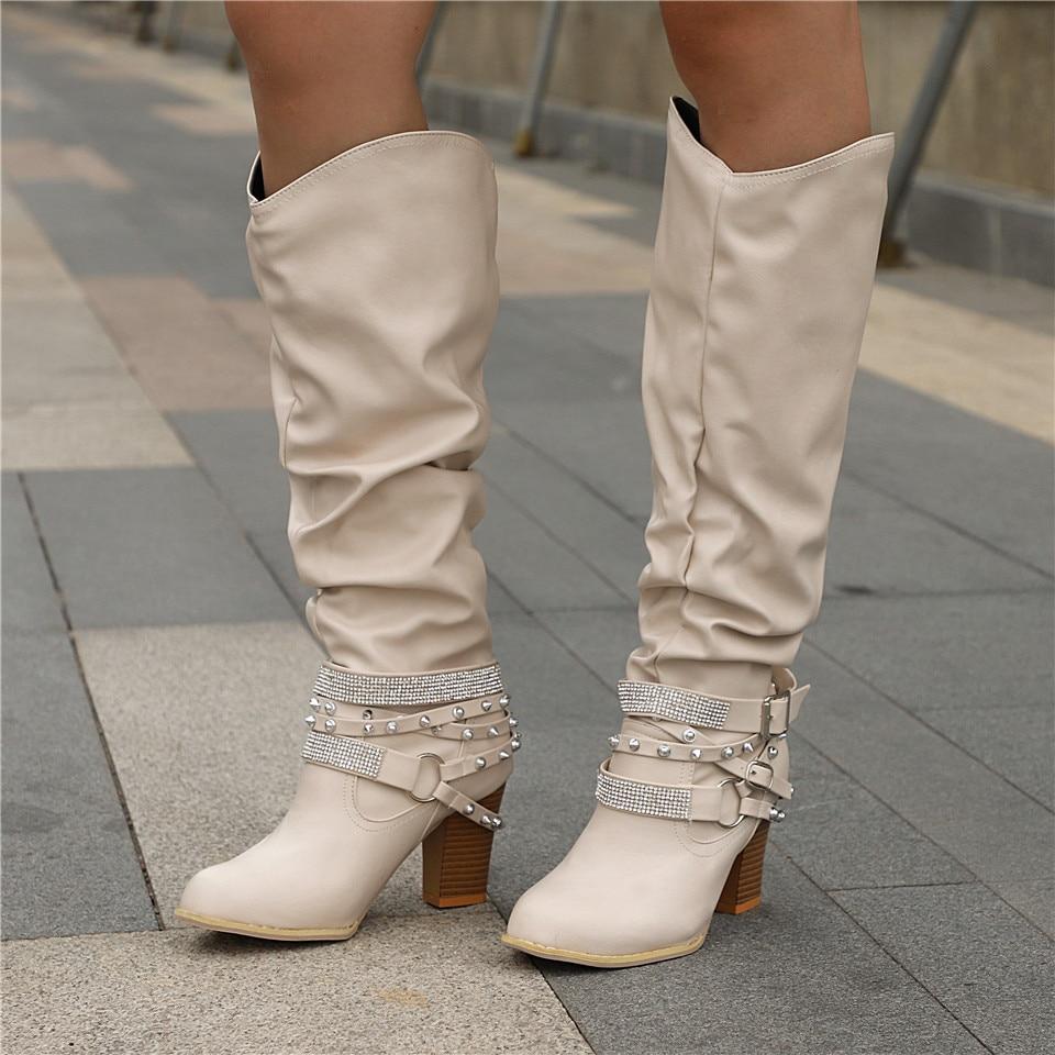 Women's Knee-High Slouchy Boots - Block Heel - Casual Footwear