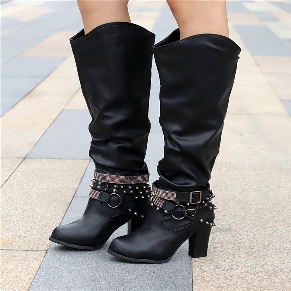 Women's Knee-High Slouchy Boots - Block Heel - Casual Footwear