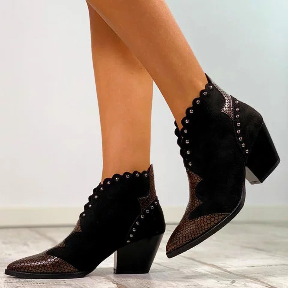Western Ankle Boots – Studded Detailing with Contrast Textures