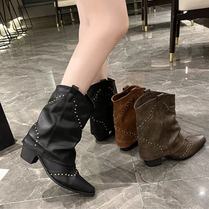 Women's Western Boots Mid-Height Studded Detail Casual Footwear