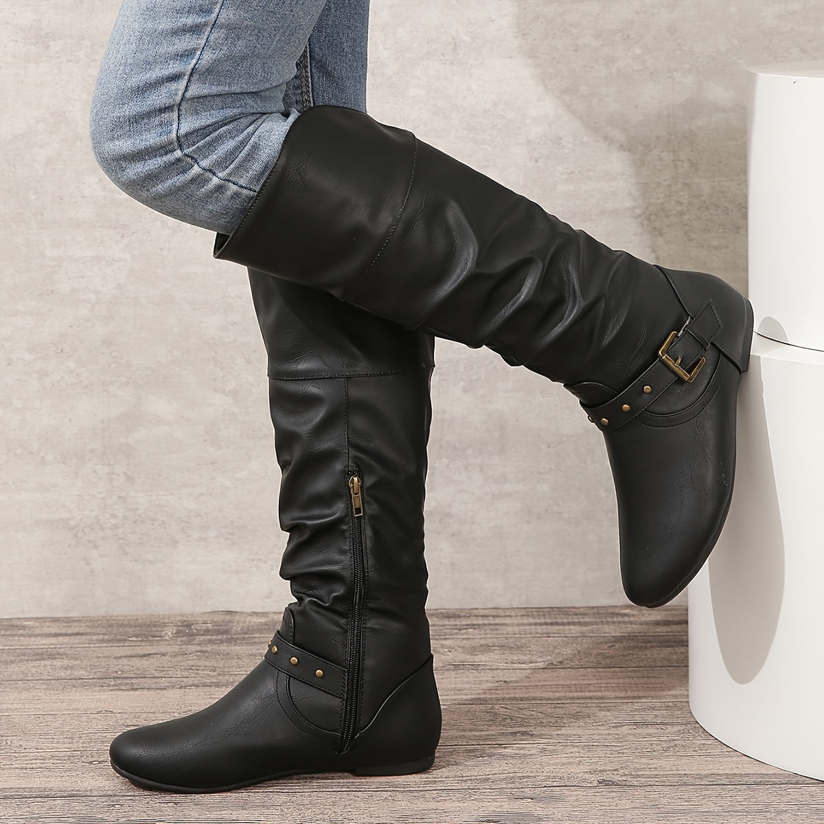 Women's Knee-High Boots Side Zip Sturdy Sole Casual Footwear