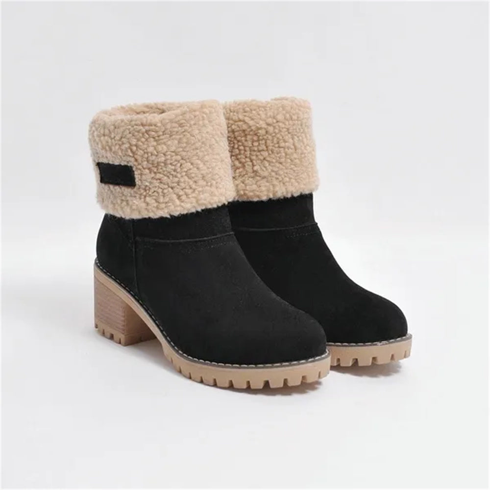Women's Faux Fur Cuffed Ankle Boots Block Heel Winter Snow Booties