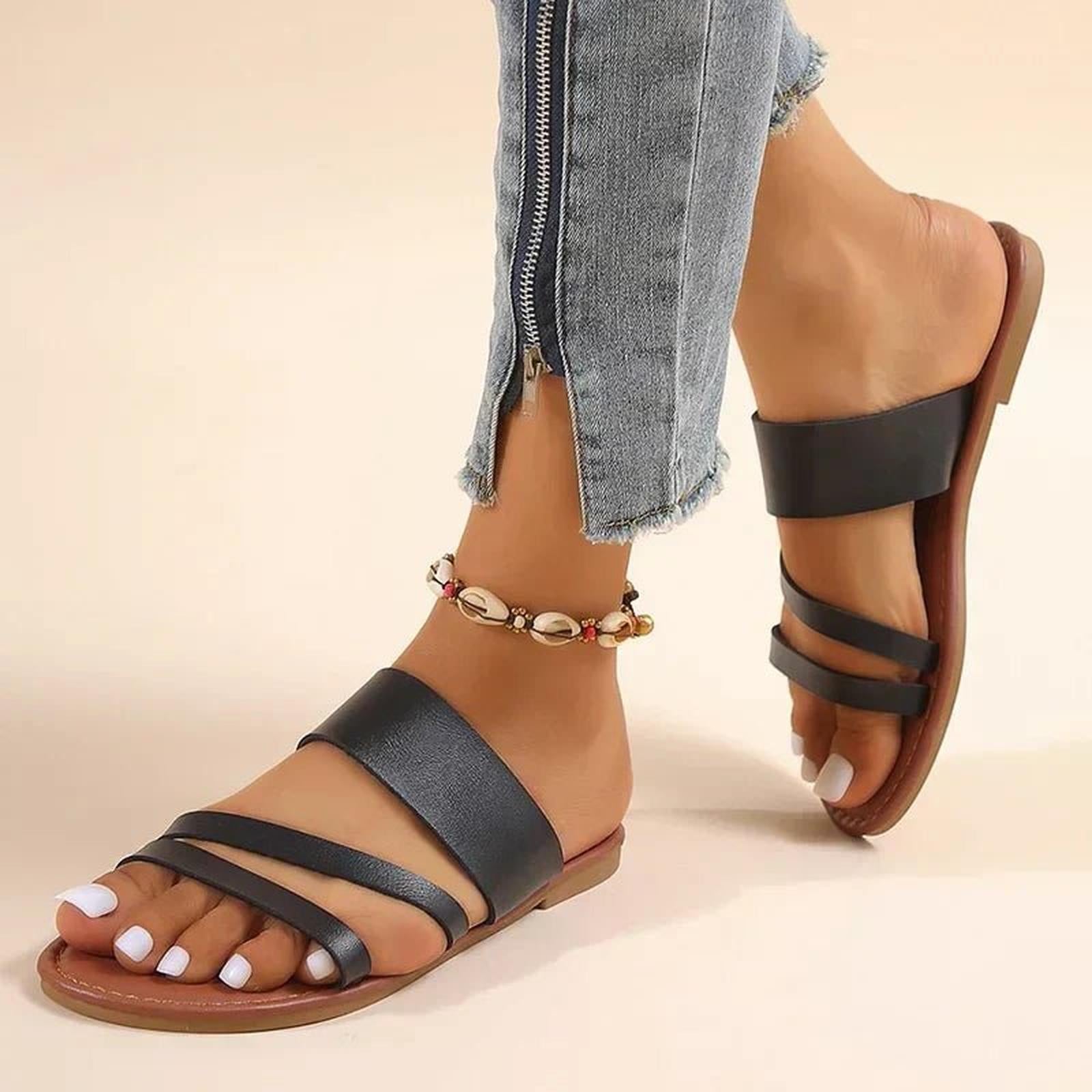 Women's Cross-Strap Sandals Cushioned Leather Slip-On Flats