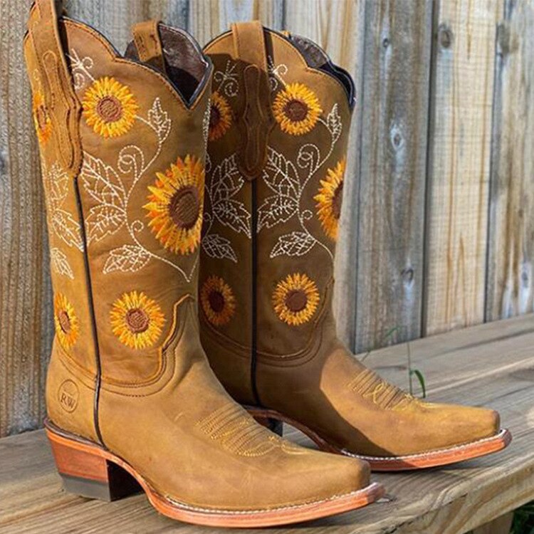 Women's Boho Cowboy Boots with Decorative Stitching | Casual Footwear