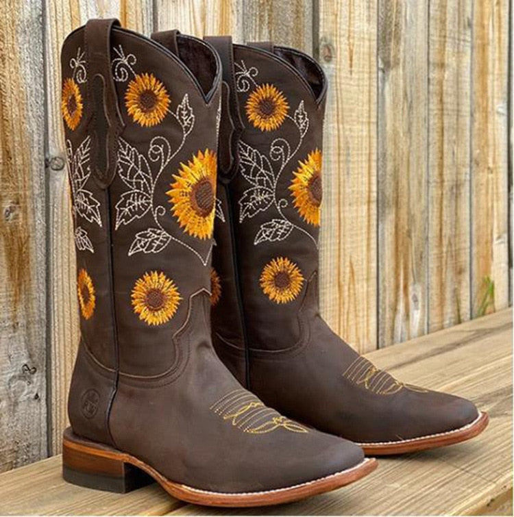 Women's Boho Cowboy Boots with Decorative Stitching | Casual Footwear