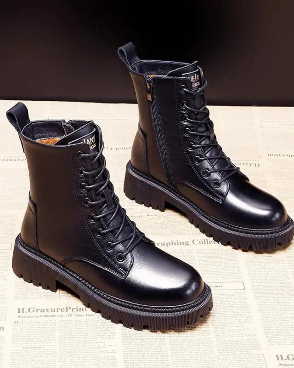 Women's Leather Combat Boots Fleece Lined Ankle Shoes