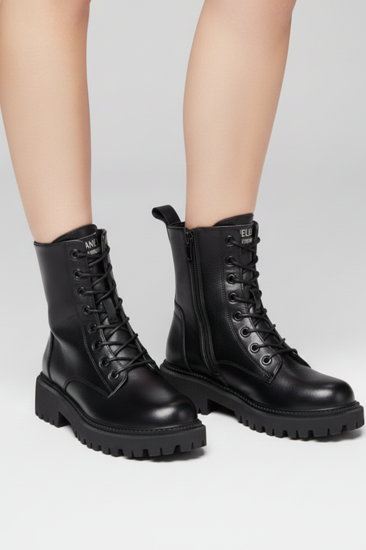 Pearlina | Women's Lace-Up Ankle Boots – Side Zip Chunky Sole Combat Boots