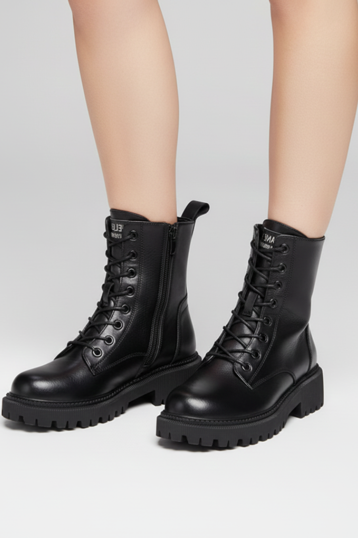 Pearlina | Women's Lace-Up Ankle Boots – Side Zip Chunky Sole Combat Boots