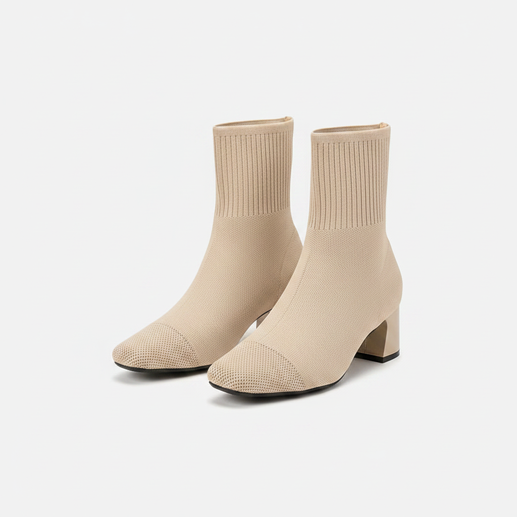 Beige knit ankle boots with stretch sock fit, block heel, pointed toe