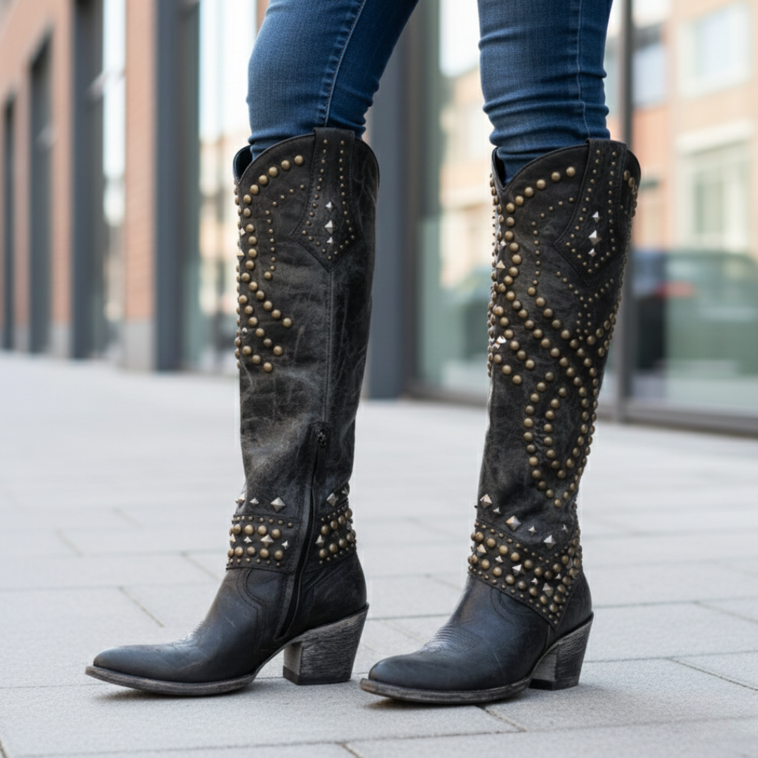 Women's Knee-High Studded Cowboy Boots Orthopedic Casual Footwear