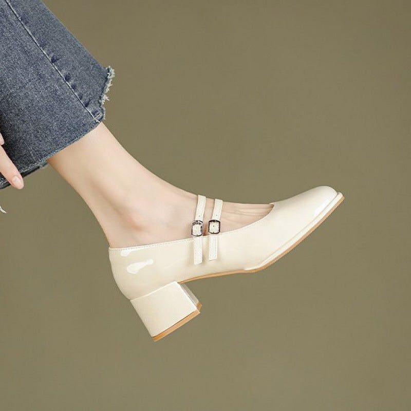 Block Heel Mary Jane Pumps with Ankle Strap for Women - Beige