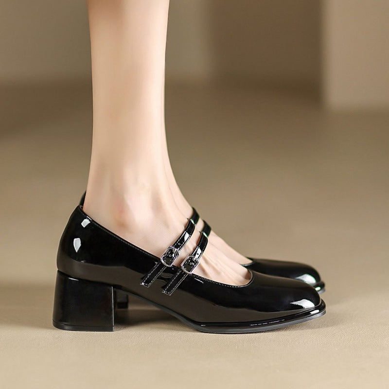 Block Heel Mary Jane Pumps with Ankle Strap for Women - Black