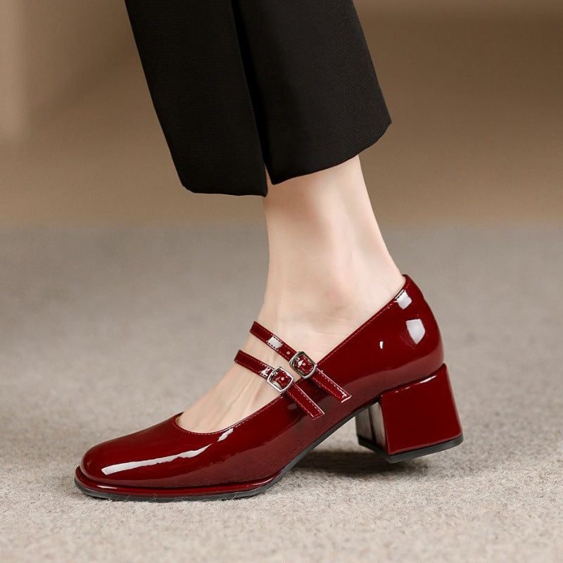 Block Heel Mary Jane Pumps with Ankle Strap for Women - Wine Red