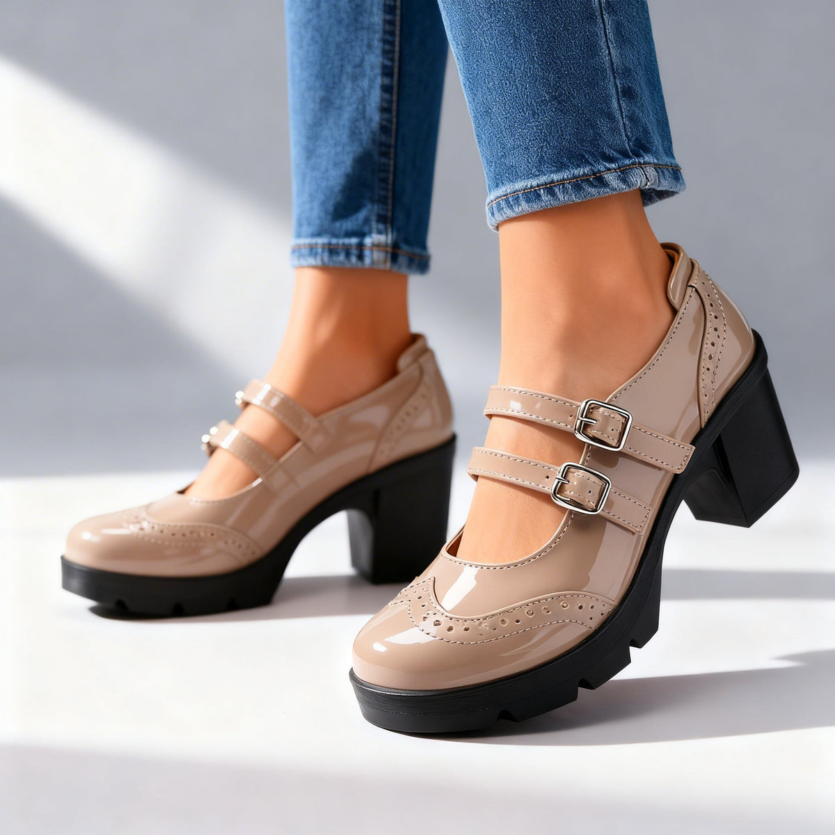 Stylish Platform Mary Jane Heels Double Strap Block Heels