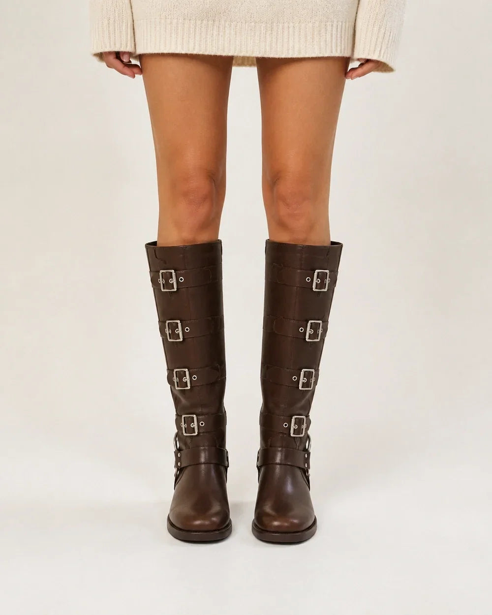 Brown knee-high multi-buckle biker boots front view