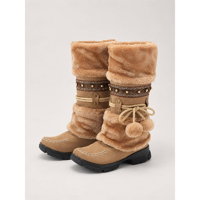 Genesis | Women's Faux Fur Mid-Calf Winter Boots with Beaded Trim