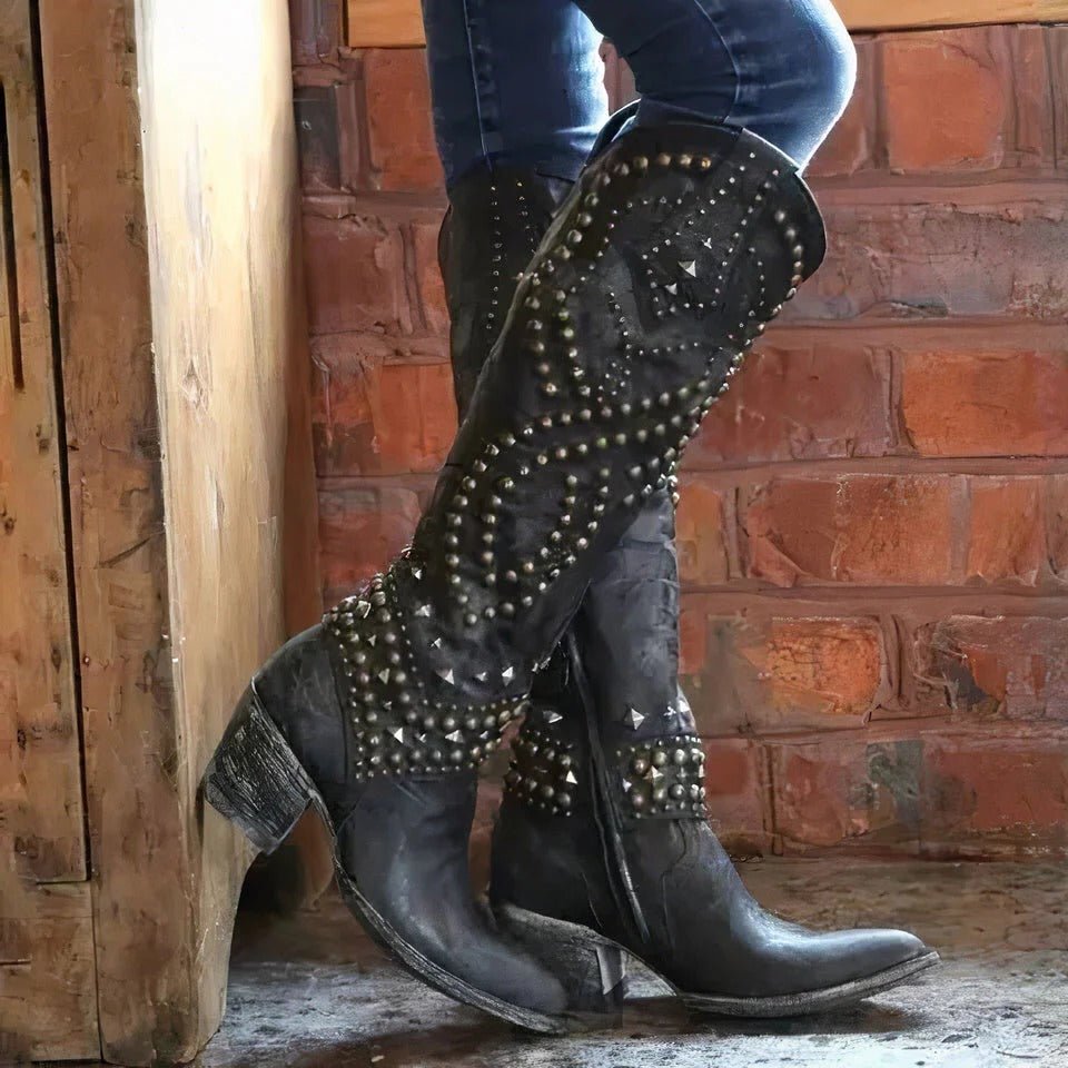 Women's Knee-High Studded Western Boots | Casual Footwear