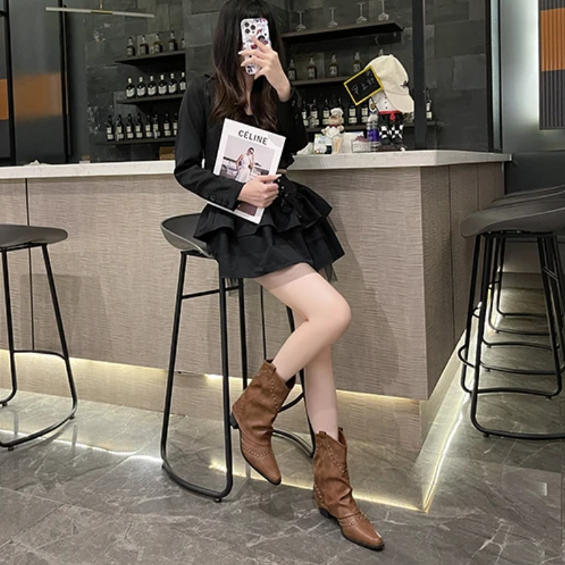 Women's Western Boots Mid-Height Studded Detail Casual Footwear