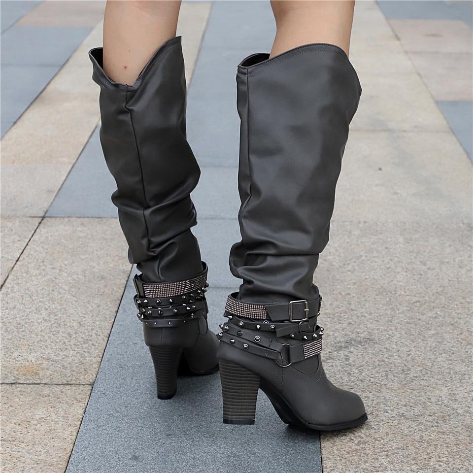 Women's Knee-High Slouchy Boots - Block Heel - Casual Footwear