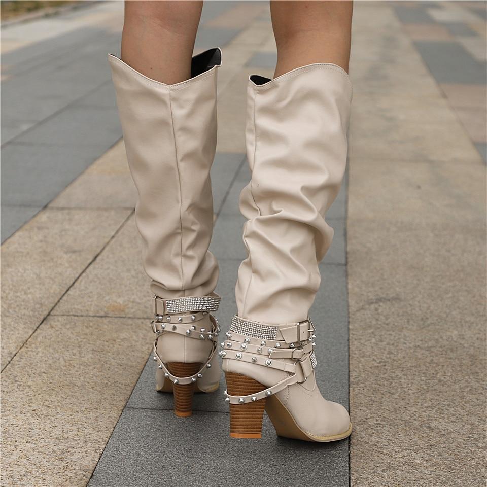 Women's Knee-High Slouchy Boots - Block Heel - Casual Footwear