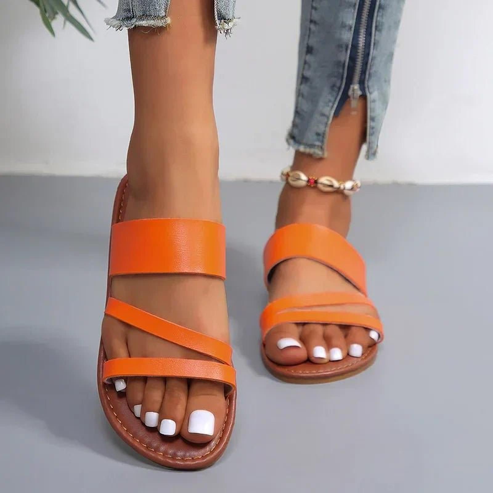 Women's Cross-Strap Sandals Cushioned Leather Slip-On Flats