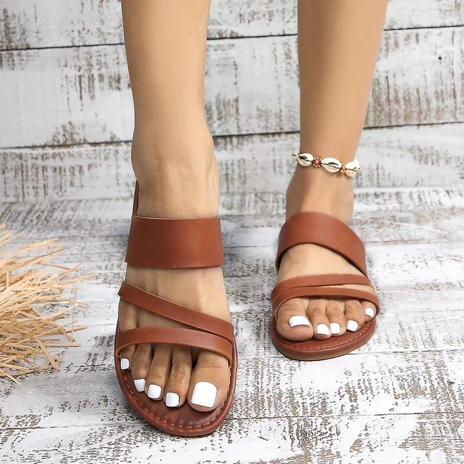 Women's Cross-Strap Sandals Cushioned Leather Slip-On Flats