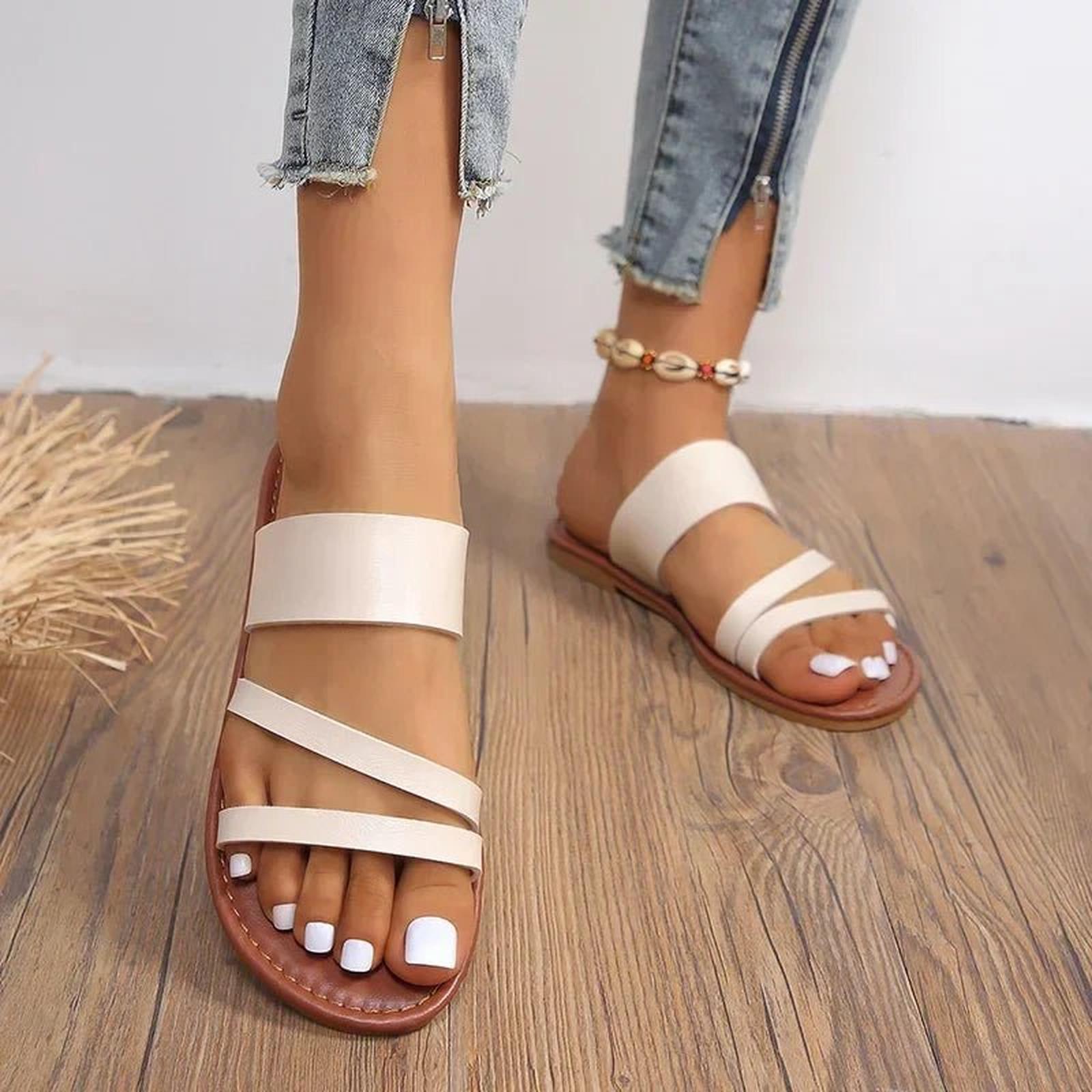 Women's Cross-Strap Sandals Cushioned Leather Slip-On Flats
