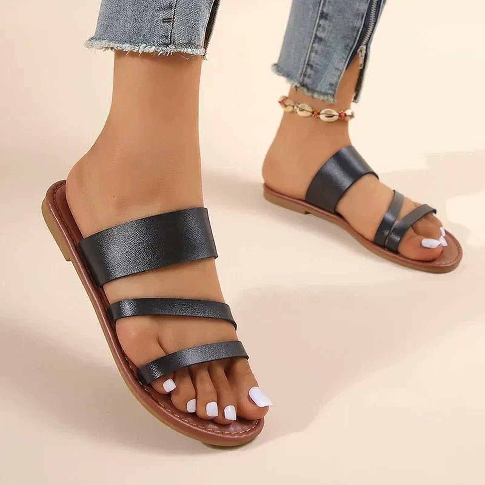 Women's Cross-Strap Sandals Cushioned Leather Slip-On Flats