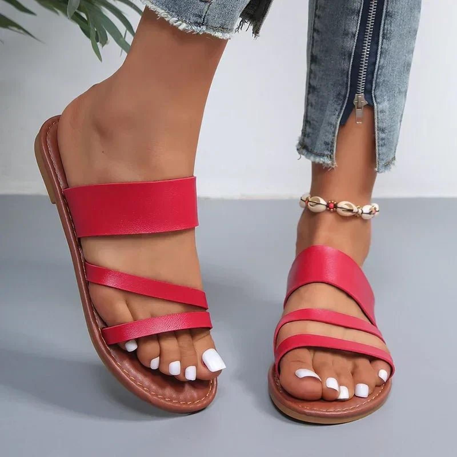Women's Cross-Strap Sandals Cushioned Leather Slip-On Flats