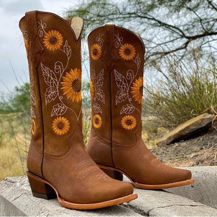 Women's Boho Cowboy Boots with Decorative Stitching | Casual Footwear
