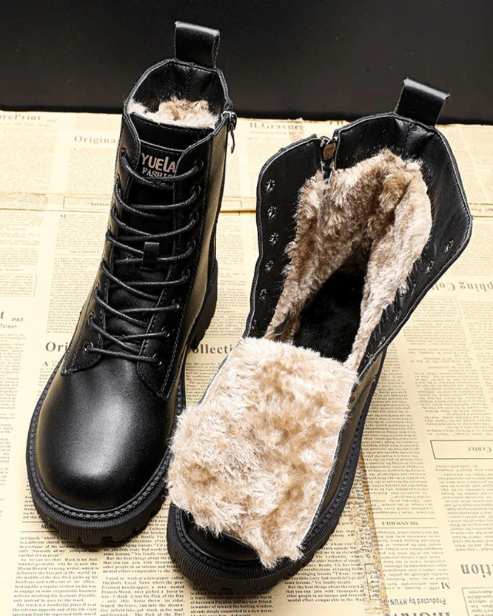Women's Leather Combat Boots Fleece Lined Ankle Shoes